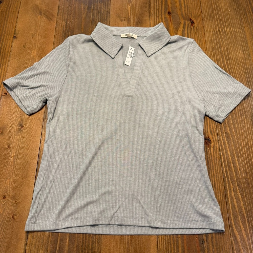 Madewell Drapey Rib Polo Shirt Short Sleeve XL Gray Preppy Basic Staple NWT